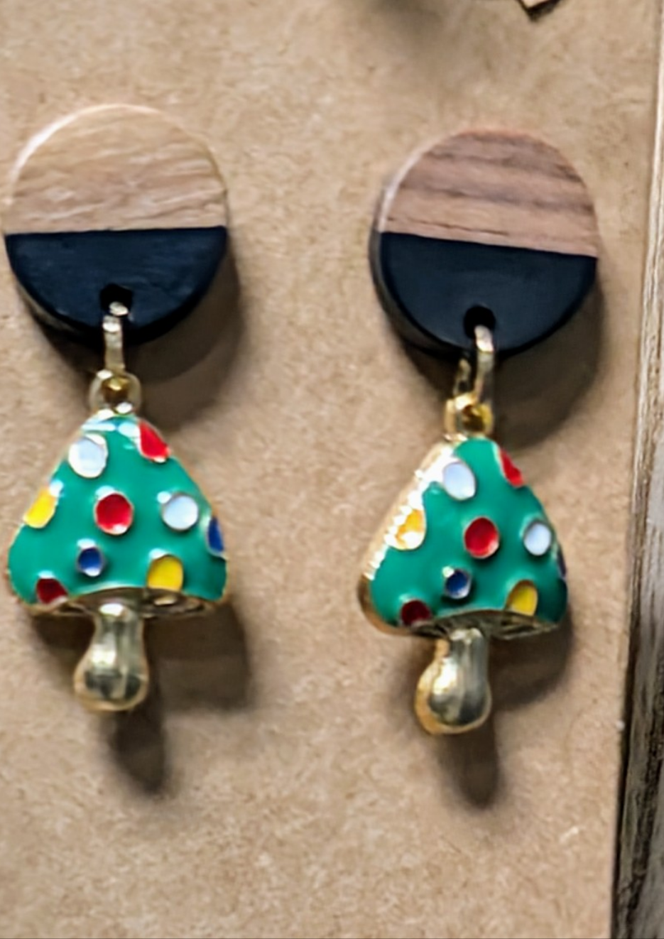 Small Green Gold Mushroom earrings with wood post - nature forest jewelry unique piece of jewelry, locally made