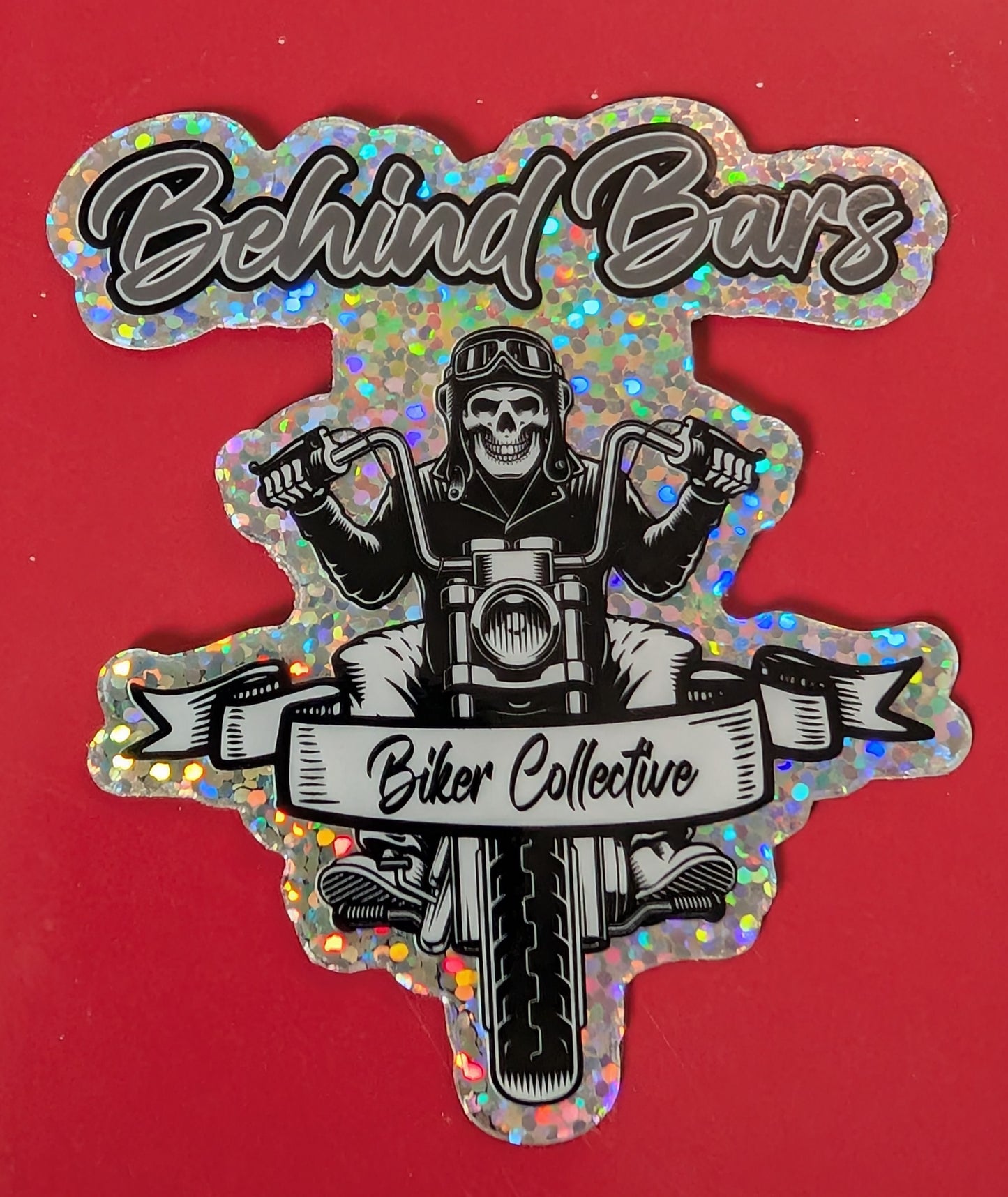 Behind Bars Biker Collective holographic sticker