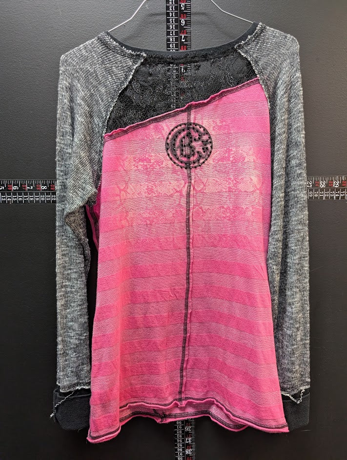 Crash & Burn Long Sleeve Top Pink Black Lace Studded Cross Graphic Women’s M