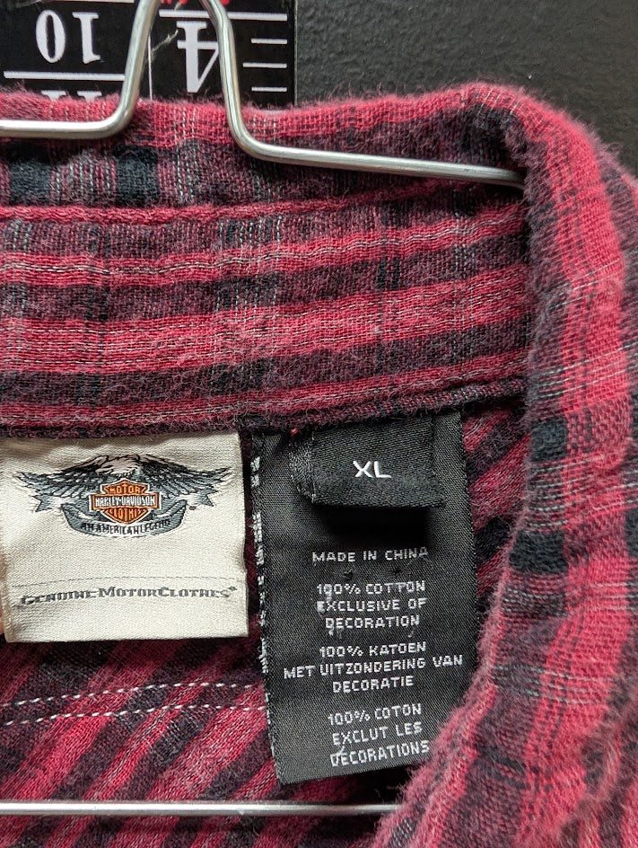 Harley-Davidson Plaid Flannel Shirt Red Black Skull Back Patch Snap Front Women’s XL