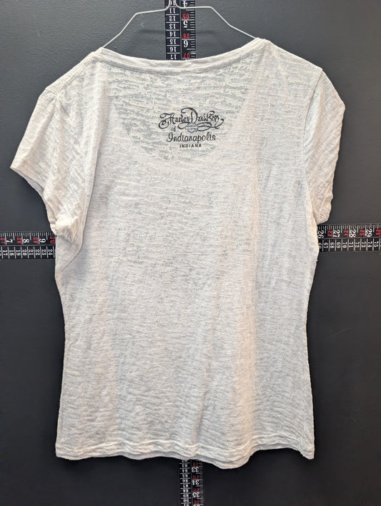 Harley-Davidson Women’s White Burnout T-Shirt Faded Bar & Shield Indianapolis
