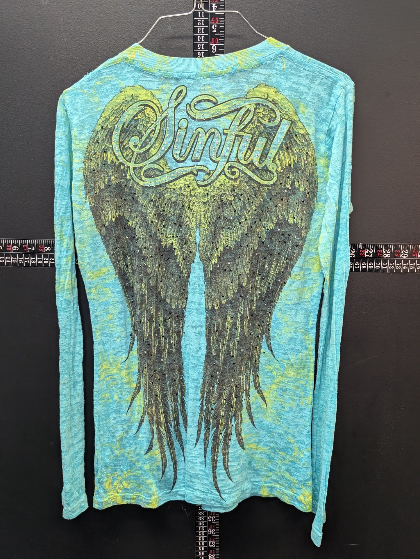 Sinful Long Sleeve Graphic Tee – Blue Winged Cross Rhinestone Top
