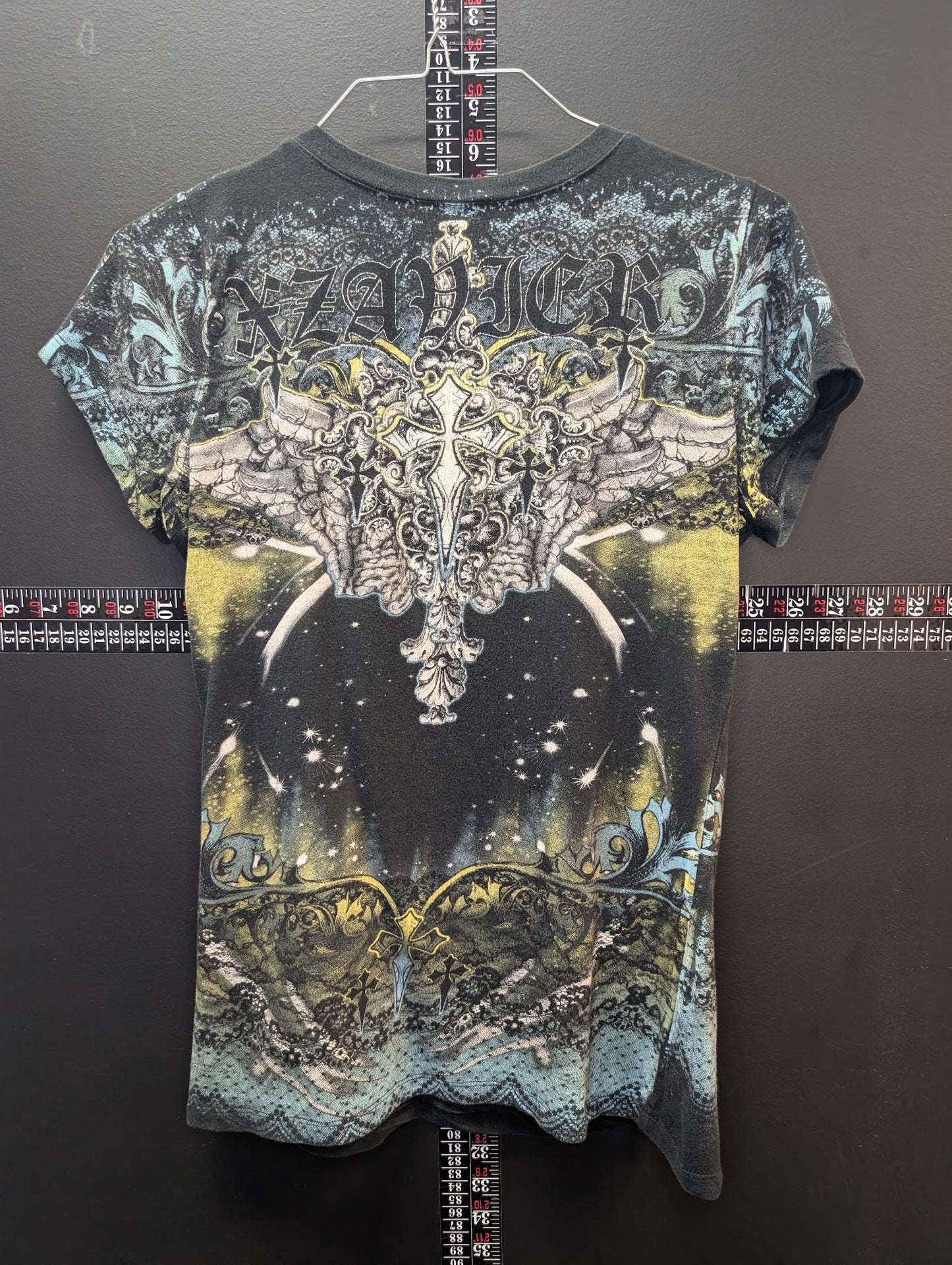 XZAVIER Rhinestone Cross Graphic Tee – Y2K Winged Gothic Shirt (XL)