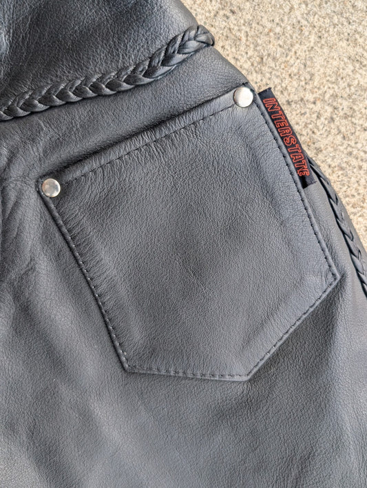 Interstate Leather Black Motorcycle Chaps – Braided Trim, Adjustable Belt