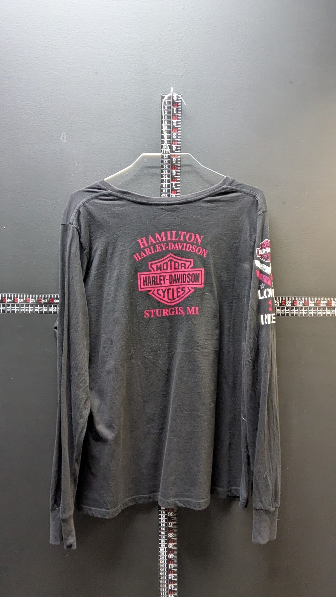 Harley-Davidson Women’s Long Sleeve Black Shirt – Skull “Love 2 Ride” Sturgis MI Graphic