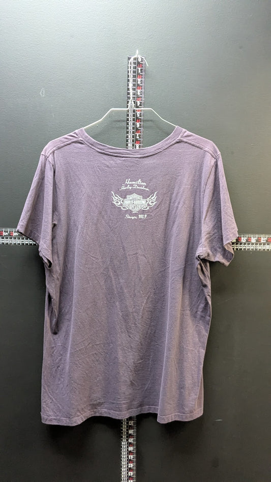 Harley-Davidson Women’s Purple Graphic Tee – Eagle Script (Sturgis, MI)