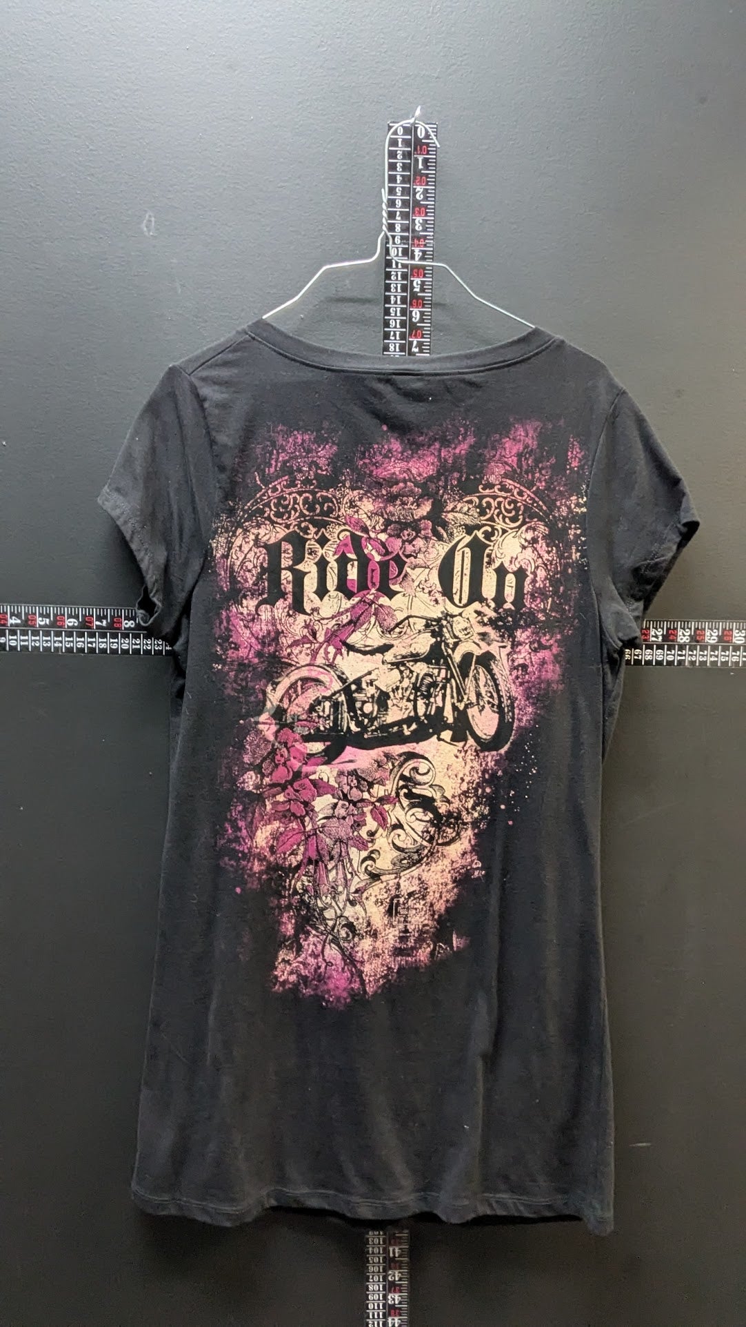 Ride On Embellished Biker Tee – Black & Pink Graphic (XL)