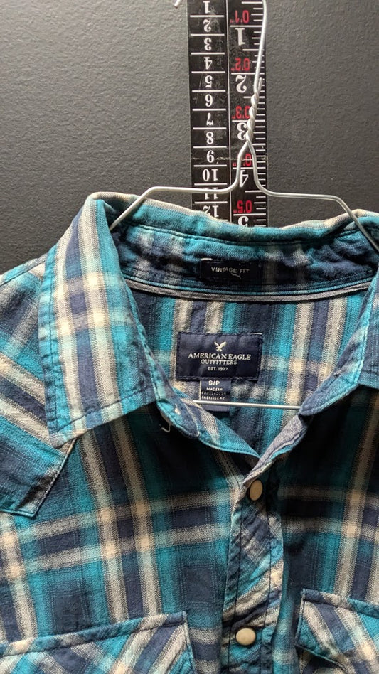 American Eagle Plaid Button-Up – Teal/Blue – Small (Vintage Fit)