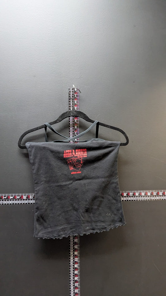Harley-Davidson Rhinestone Skull Cami - Aces & Eights Mason OH - Criss Cross Back Lettuce Hem Tank - Small