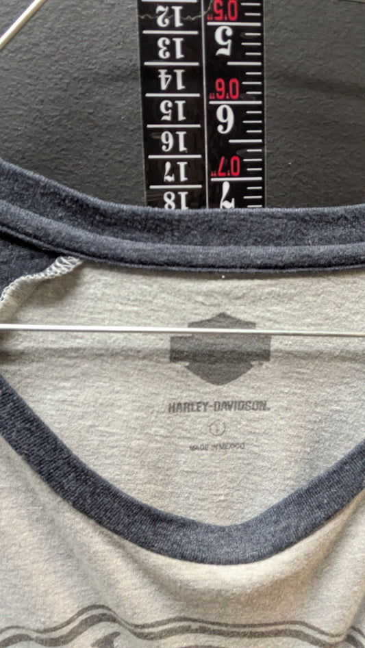 Harley-Davidson Raglan T Shirt Women’s Large Gray Blue Short Sleeve Baseball Tee
