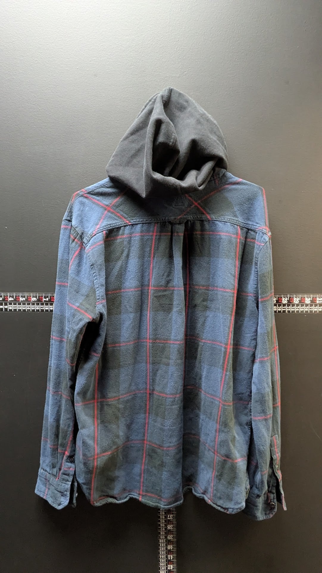 Caliville Hooded Flannel Shirt Jacket Men’s Large Blue Black Plaid Hooded Button Up