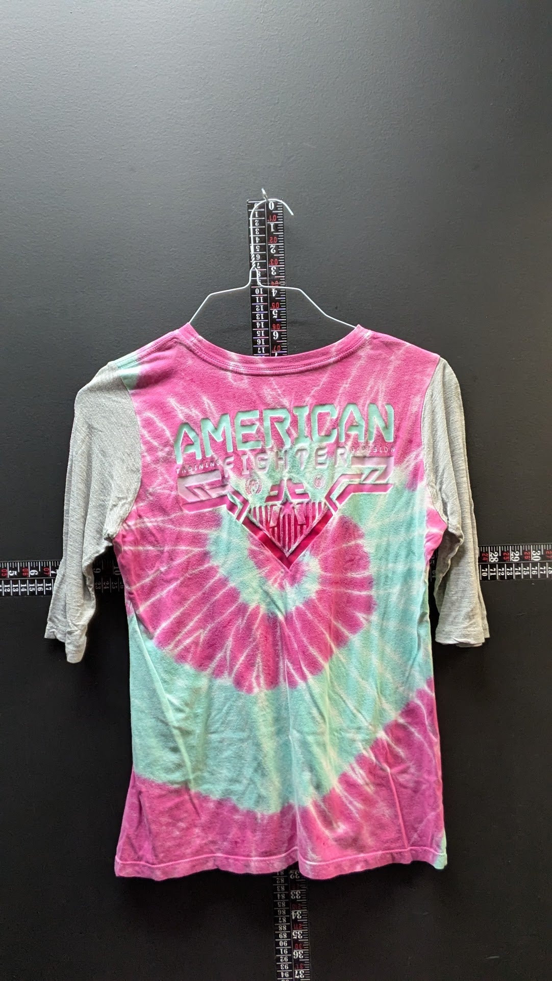 American Fighter Women’s Tie Dye Shirt Medium Pink Teal Graphic 3/4 Sleeve Top