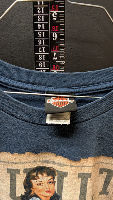 Harley-Davidson Built To Last Pin Up Girl T-Shirt Mens XL Blue Graphic Tee Price Recommendation: