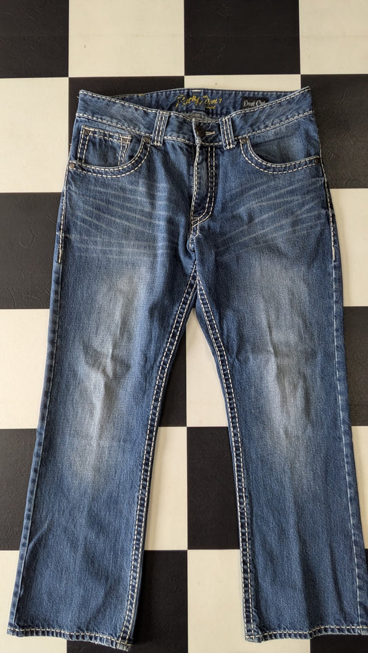 Rock Revival Boot Cut Jeans Men’s Blue Thick Stitch Denim Y2K Western Style