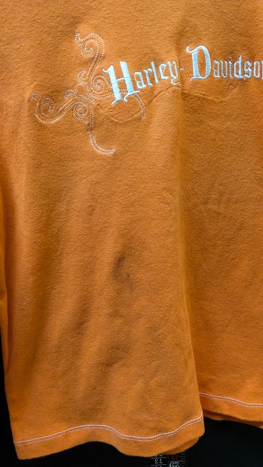 Harley-Davidson Women’s Long Sleeve Top Large Orange Embroidered Script Y2K