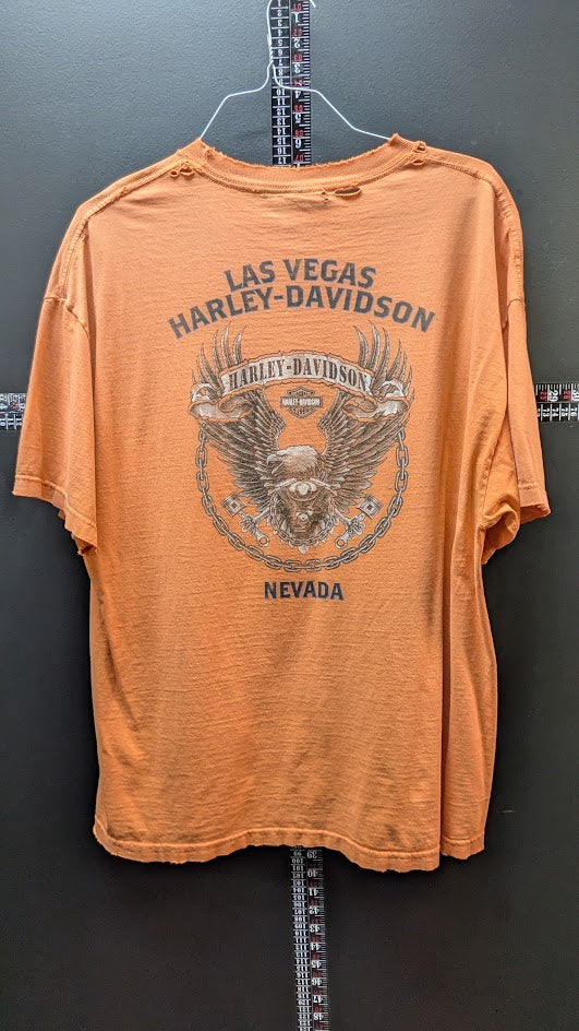 Harley Davidson Pocket T Shirt Distressed Orange Cut Off Sleeveless Biker Tee