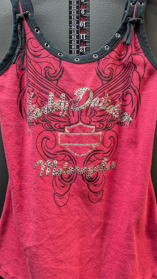 Vintage Harley Davidson Womens Tank Top XL Pink Black Lace Up Rhinestone Motorcycle Top