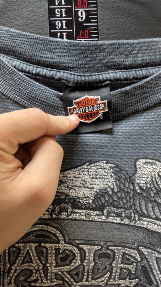 1989 Harley Davidson Sioux City Iowa Thermal Stripe Eagle T Shirt Gray Vintage Tee