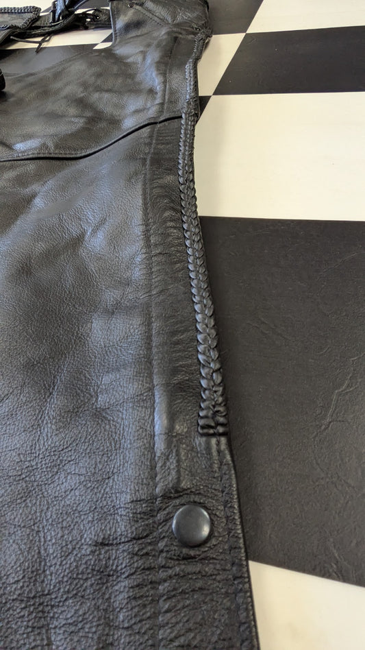 Leather Gallery Black Leather Motorcycle Chaps Mens Medium Braided Zip Snap Riding