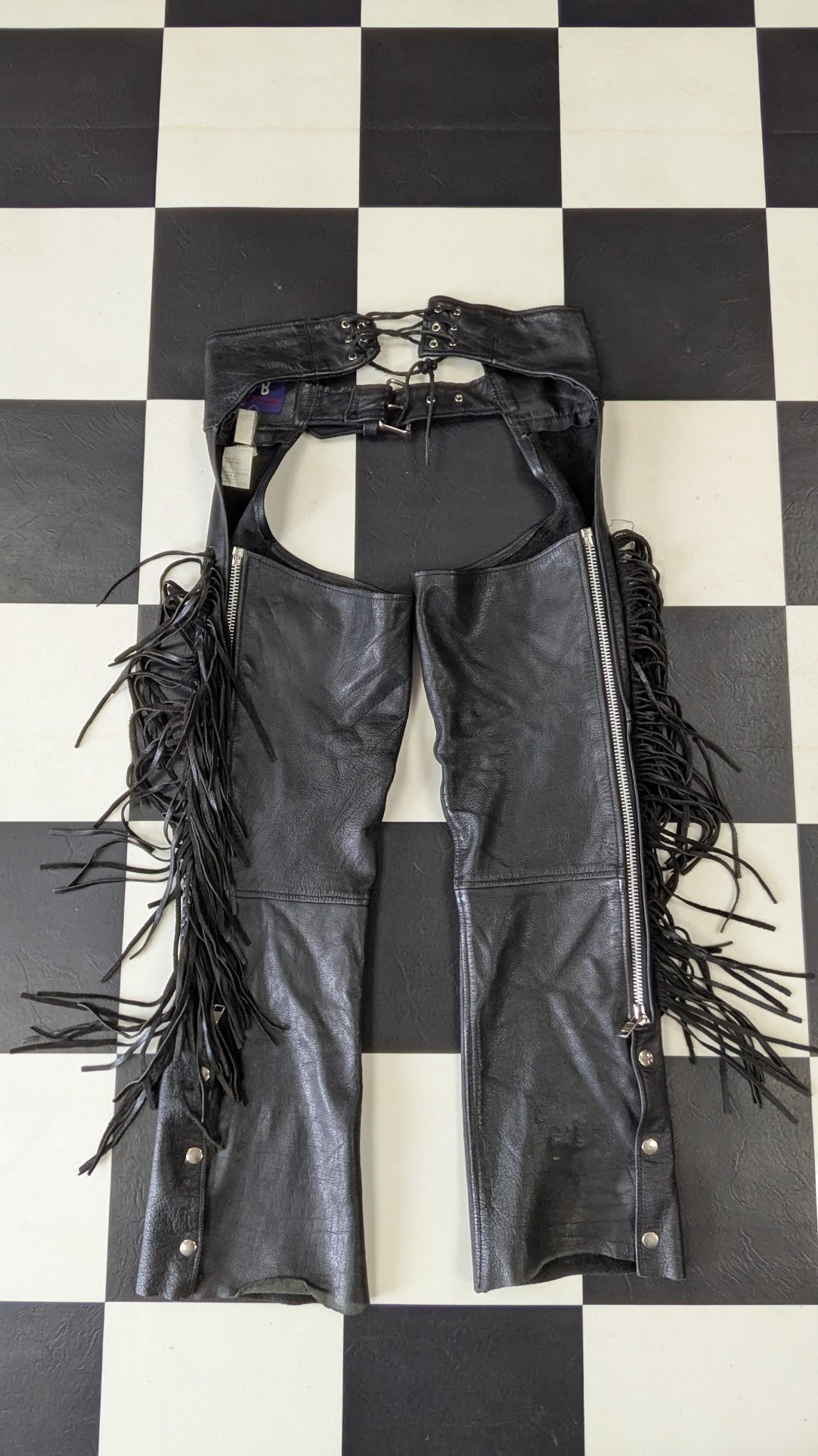 MOB Classic X4 Genuine Leather Fringe Motorcycle Chaps Black Western Riding Chaps