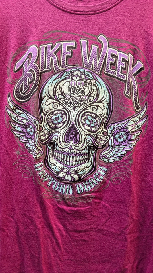 2023 Daytona Bike Week Long Sleeve T Shirt Large Pink Sugar Skull Motorcycle Rally Tee