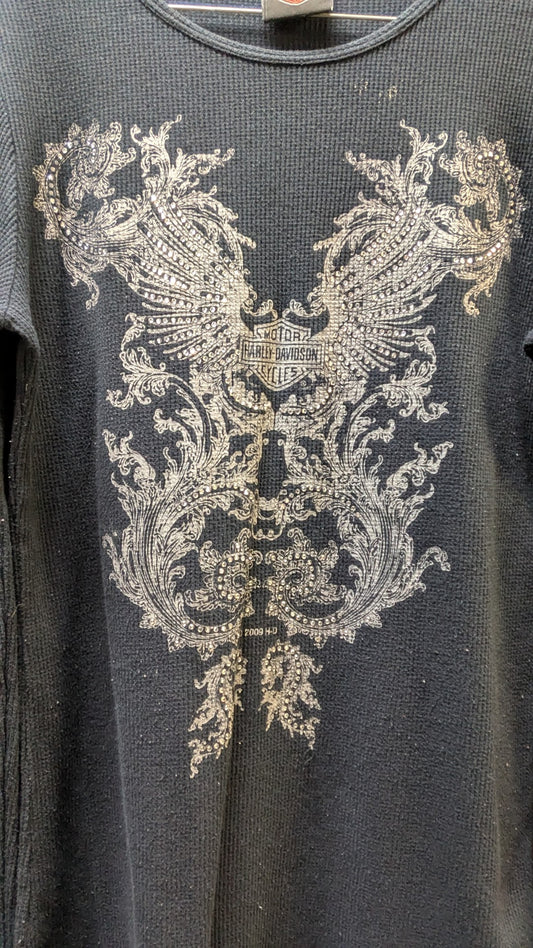 Harley-Davidson Women's Thermal Shirt Large Black Waffle Knit Buckminn's Xenia Ohio