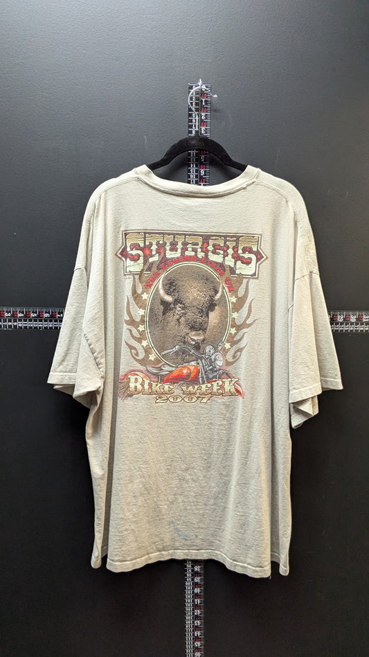 2007 Sturgis Bike Week T-Shirt Men's 2XL Tan Buffalo Biker Graphic Double Sided