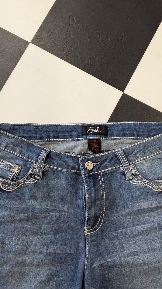 Earl Jean Capri Jeans Women's Size 12 Blue Embroidered Rhinestone Cuffed Stretch