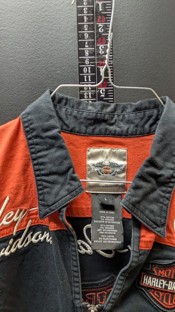 Harley-Davidson Women's Button Shirt Large Black Orange Zip Motorcycle Riding Top