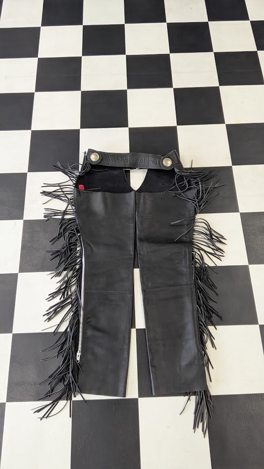 Vintage Black Leather Fringe Motorcycle Chaps Women's Small 22" Thigh Western Biker