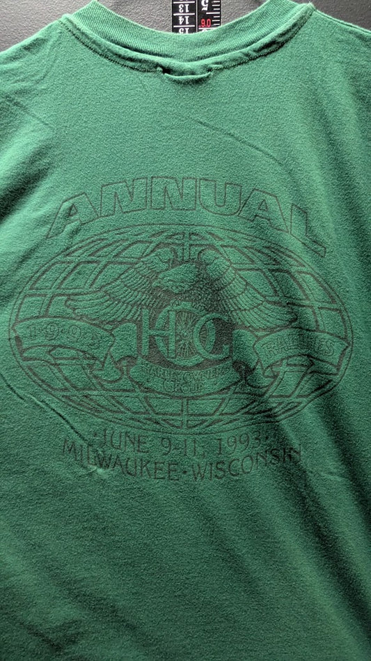 Vintage 1993 Harley-Davidson H.O.G. 10th Anniversary T-Shirt Men’s Large Green Double Sided