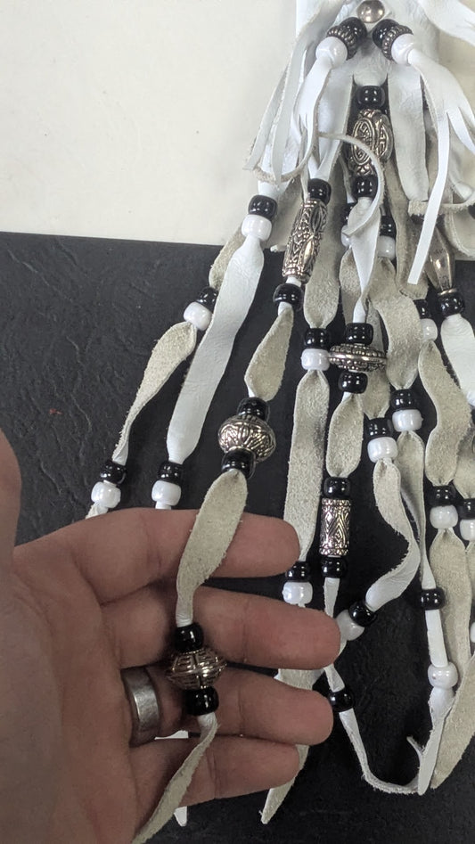 White Leather Motorcycle Hair Barrette Beaded Fringe Biker Accessory