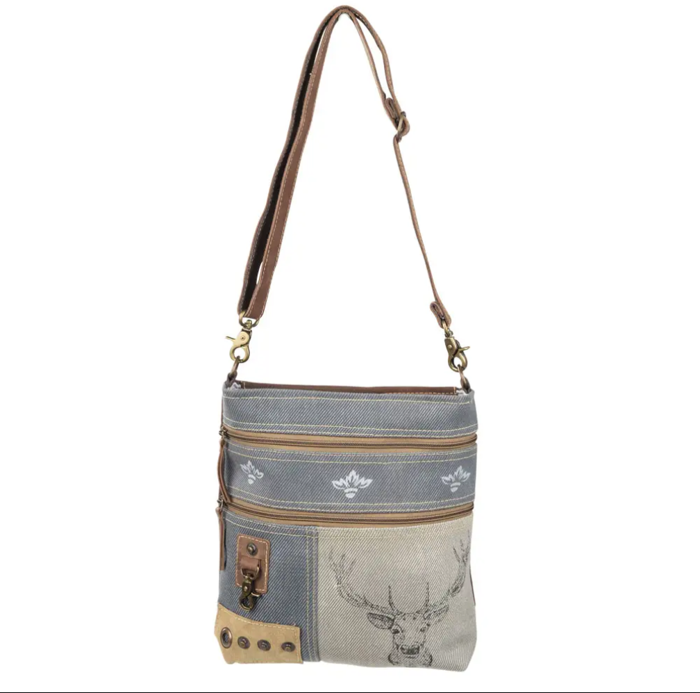 Deer and mixed fabric shoulder crossbody bag