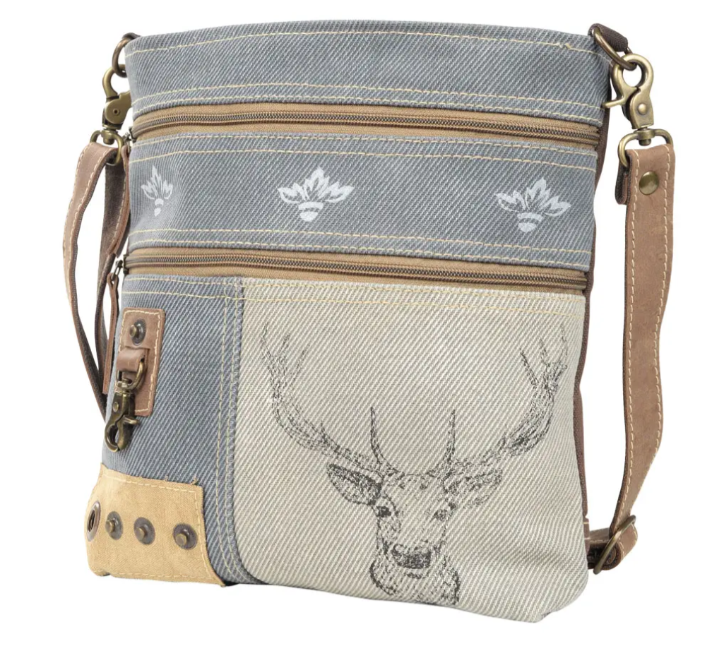 Deer and mixed fabric shoulder crossbody bag