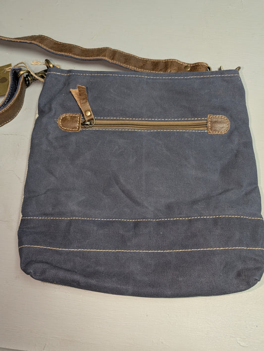 Deer print canvas shoulder bag with cowhide pocket