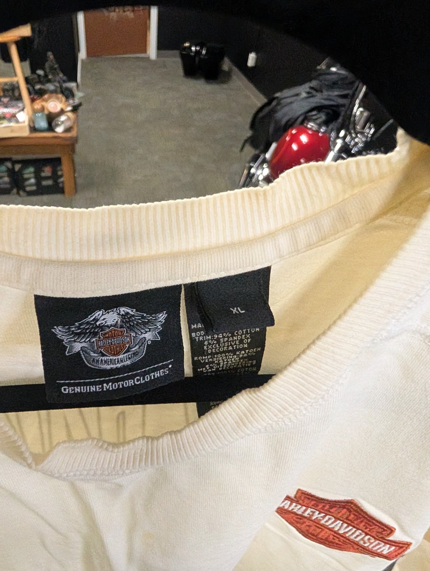 Long sleeve Harley Davidson men's XL with flames on sleeve and patch logos