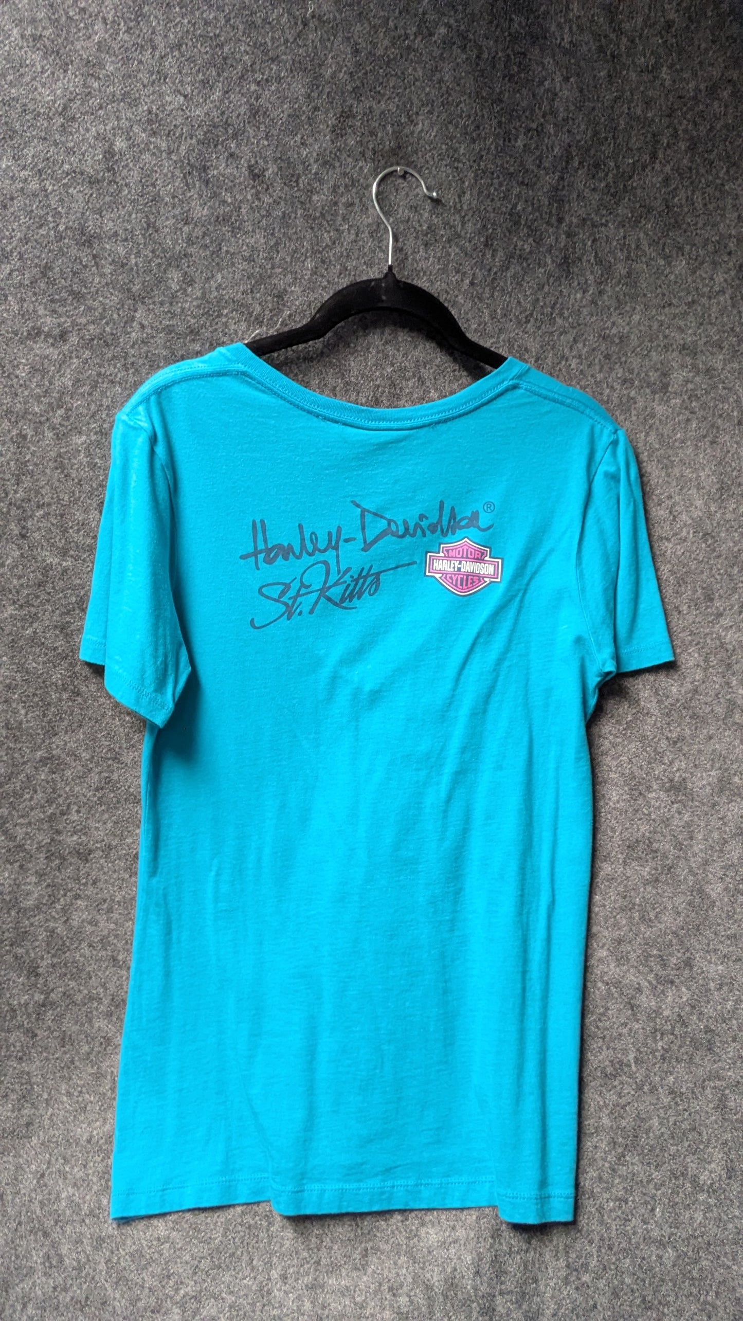 Harley-Davidson Women’s V-Neck Graphic Tee – Turquoise Flames HD Logo – Size L