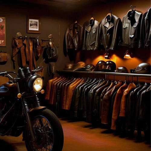 Photo of leather jackets and motorcycle accessories