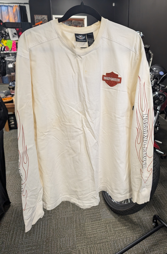 Long sleeve Harley Davidson men's XL with flames on sleeve and patch logos