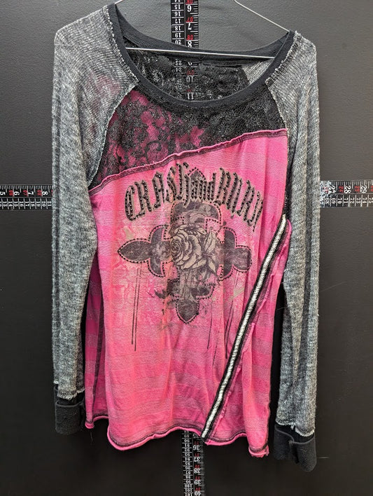 Crash & Burn Long Sleeve Top Pink Black Lace Studded Cross Graphic Women’s M