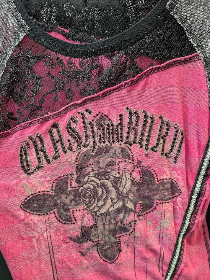 Crash & Burn Long Sleeve Top Pink Black Lace Studded Cross Graphic Women’s M