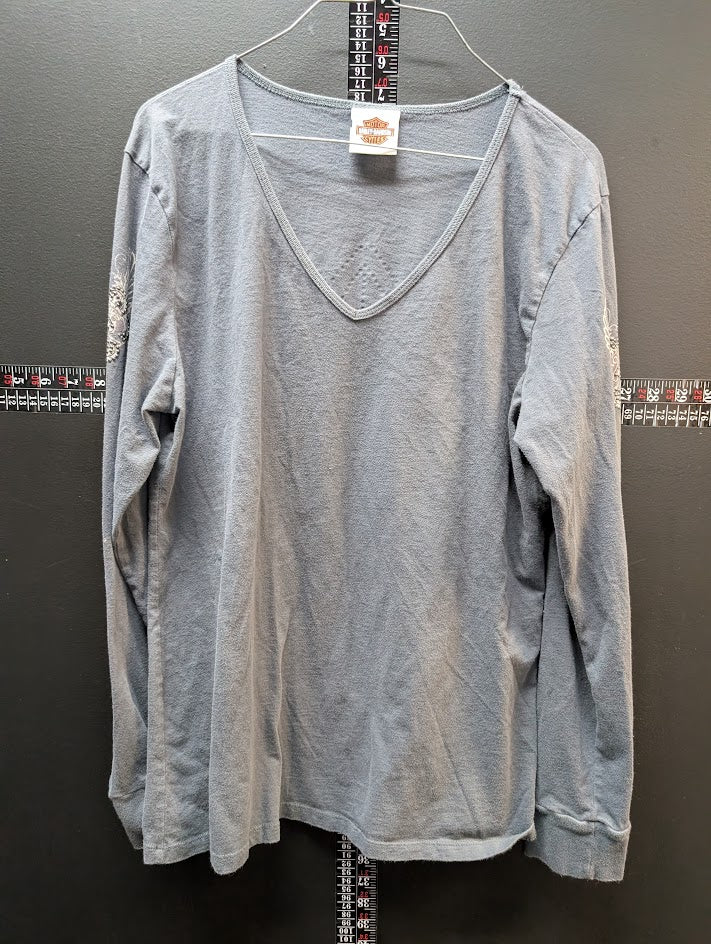 Harley-Davidson Long Sleeve V-Neck Shirt Gray Winged Graphic Sleeve Print Women’s Large