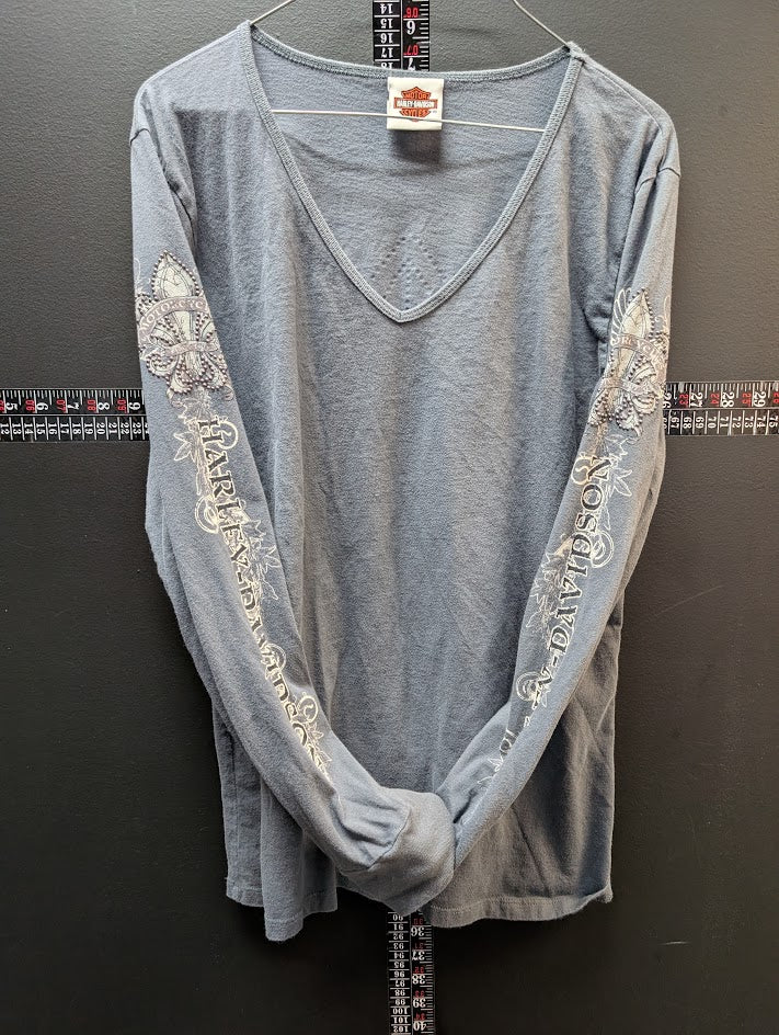 Harley-Davidson Long Sleeve V-Neck Shirt Gray Winged Graphic Sleeve Print Women’s Large