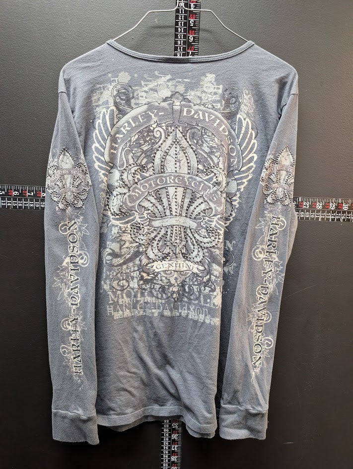 Harley-Davidson Long Sleeve V-Neck Shirt Gray Winged Graphic Sleeve Print Women’s Large