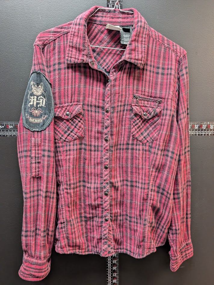 Harley-Davidson Plaid Flannel Shirt Red Black Skull Back Patch Snap Front Women’s XL