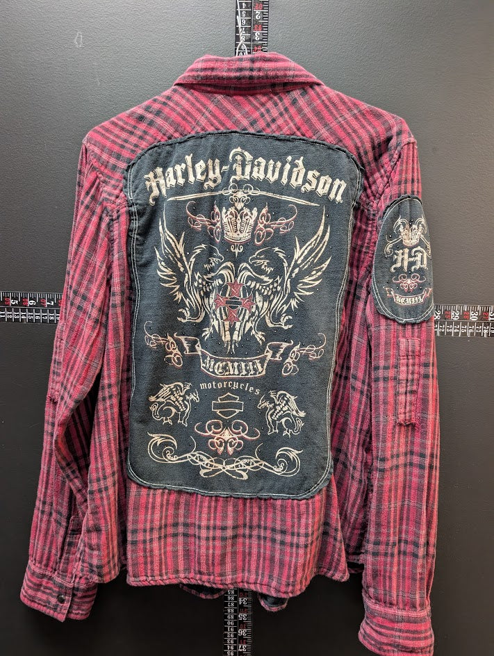 Harley-Davidson Plaid Flannel Shirt Red Black Skull Back Patch Snap Front Women’s XL