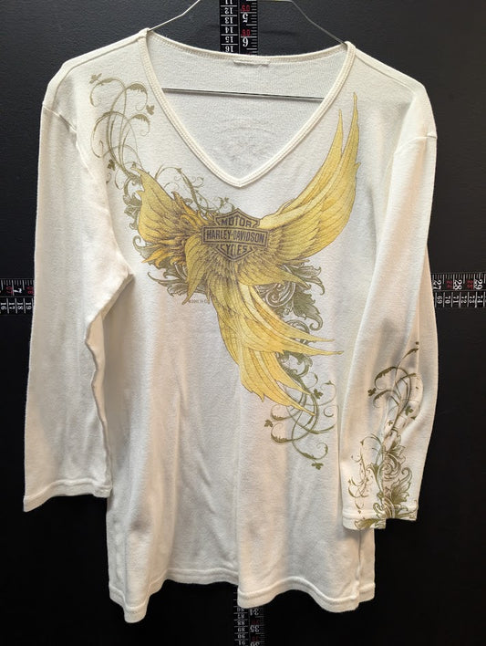 Harley-Davidson Long Sleeve Shirt Cream Gold Wing Graphic Tri-County Fairfield Ohio Women’s