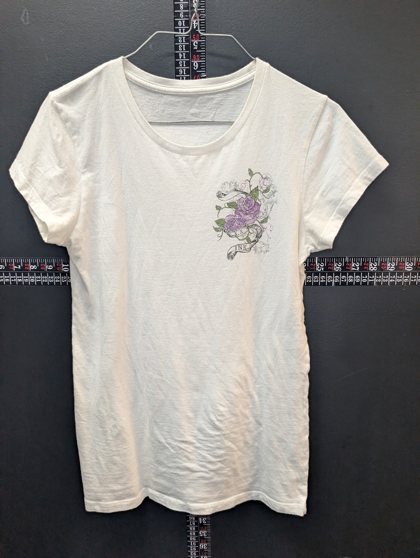 Ink Short Sleeve T-Shirt White Rose Wing Graphic Tattoo Style Women’s
