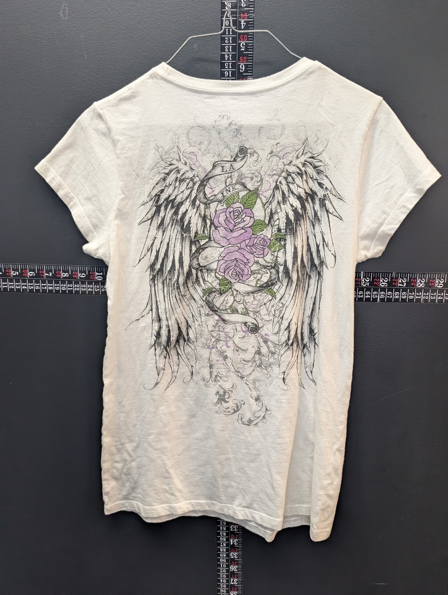 Ink Short Sleeve T-Shirt White Rose Wing Graphic Tattoo Style Women’s