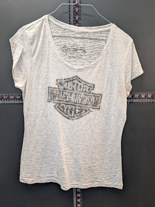 Harley-Davidson Women’s White Burnout T-Shirt Faded Bar & Shield Indianapolis